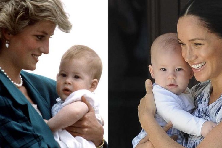 Kiri: Pangeran Harry di usia balita ketika digendong ibunya, mendiang Putri Diana. Kanan: Bayi Archie digendong ibunya, Meghan Markle.