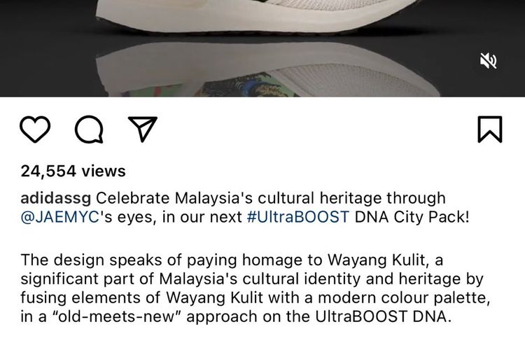 Caption yang disertakan akun Instagram Adidas Singapura menyeut bahwa Wayang Kulit merupakan bagian budaya milik Malaysia.