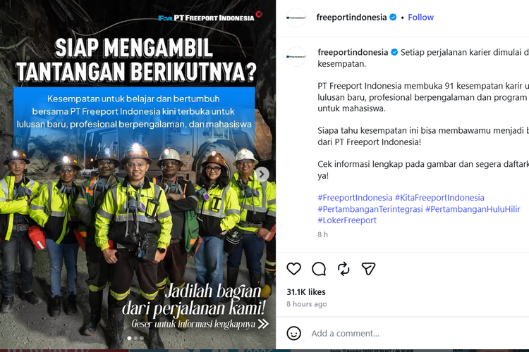 Freeport Indonesia Buka 91 Lowongan Kerja, Fresh Graduate Bisa Daftar