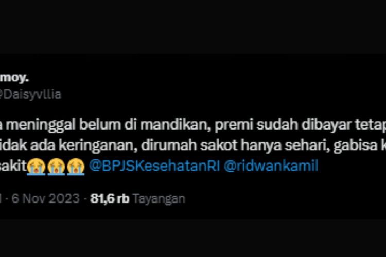 Tangkapann layar cuitan soal jenazah ibu dibandung ditahan RS karena belum melunasi kewajiban BPJS Kesehatan.