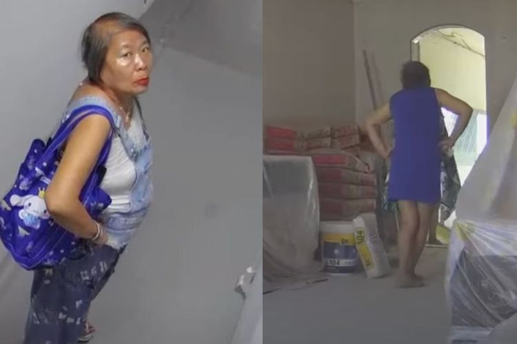 Tangkapan layar video CCTV yang merekam Wang, pelaku penyiraman air kencing ke sepatu tetangganya di Singapura. 