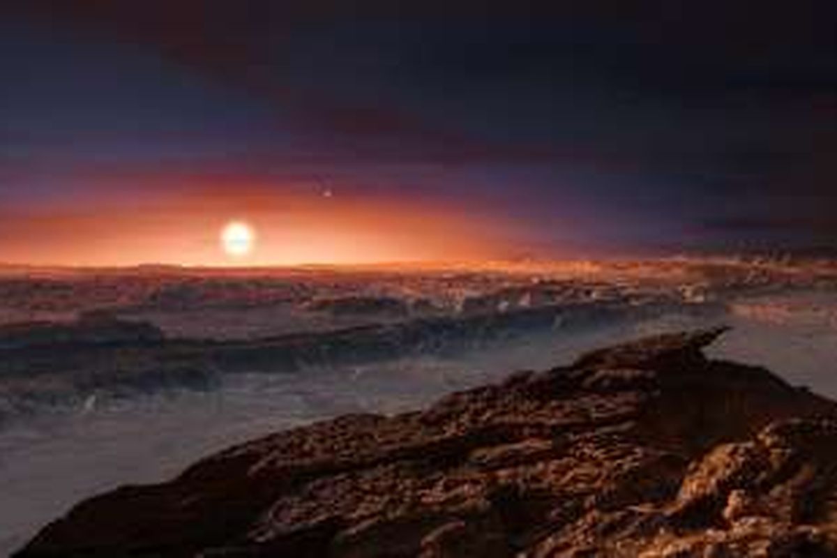 Ilustrasi permukaan Proxima B beserta pemandangan Proxima Centauri, bintang induknya.