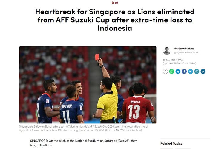 Media asal Singapura Channel News Asia menyorot kemenangan timnas Indonesia melawan Singapura pada leg kedua semifinal Piala AFF 2020, Sabtu (25/12/2021) malam WIB.