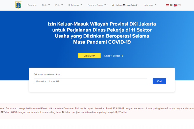 Tangakapan layar situs https://corona.jakarta.go.id/id/izin-keluar-masuk-jakarta untuk mengurus SIKM, Jakarta, Kamis (28/5/2020).