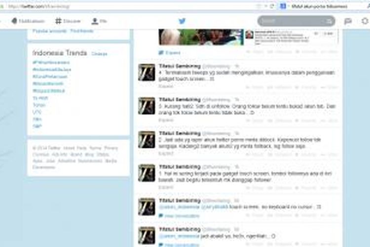 Halaman akun Twitter @tifsembiring milik Menteri Komunikasi dan Informatika Tifatul Sembiring.