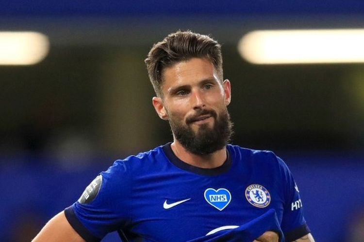 Ekspresi Olivier Giroud dalam laga Chelsea vs Norwich City pada pekan ke-36 Liga Inggris 2019-2020.