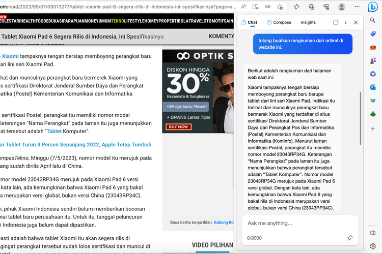 Bing AI dapat merangkum konten dari website yang sedang dibuka.