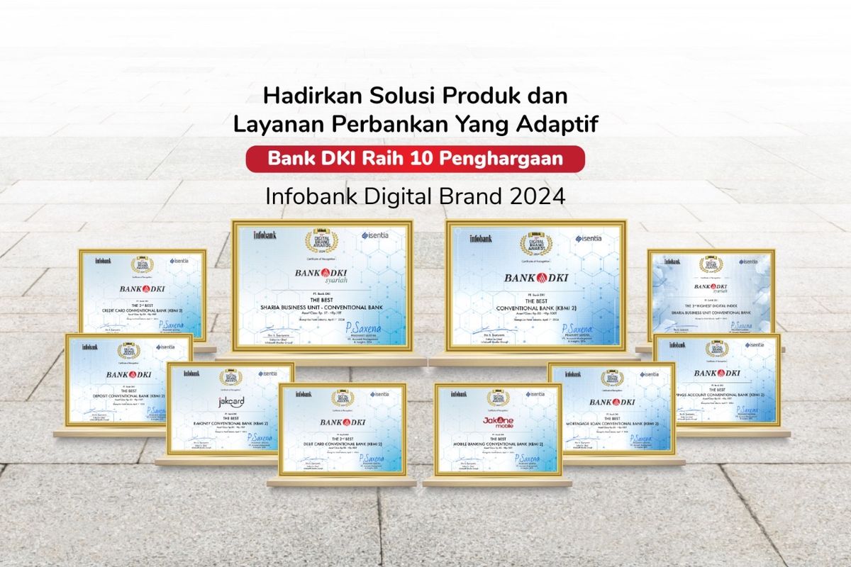 Sepuluh penghargaan yang diarih oleh Bank DKI pada ajang 13th Infobank-Isentia Digital Brand Recognition 2024 yang diselenggarakan di Jakarta, Senin (1/4/2024).