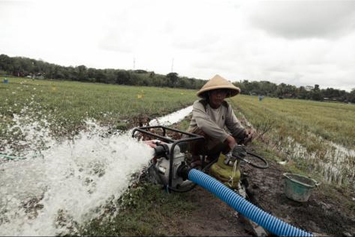 Petani di Lampung Selatan sedang memasan mesin pompa.