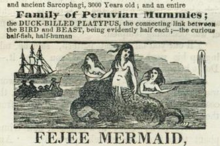 Sebuah iklan di koran soal pertunjukan bertajuk Feejee Mermaid yang digelar oleh Phineas Taylor Barnum pada tahun 1842.