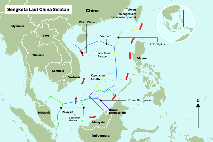Ilustrasi Laut China Selatan dan sengketa nine-dash line. 