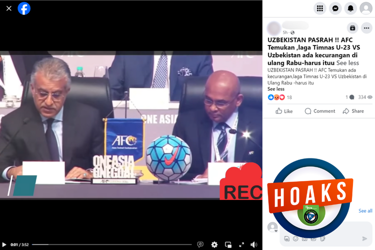 Tangkapan layar konten hoaks di sebuah akun Facebook, Selasa (30/4/2024), mengenai pertandingan Indonesia melawan Uzbekistan di Piala Asia U23 2024 diulang karena adanya kecurangan.