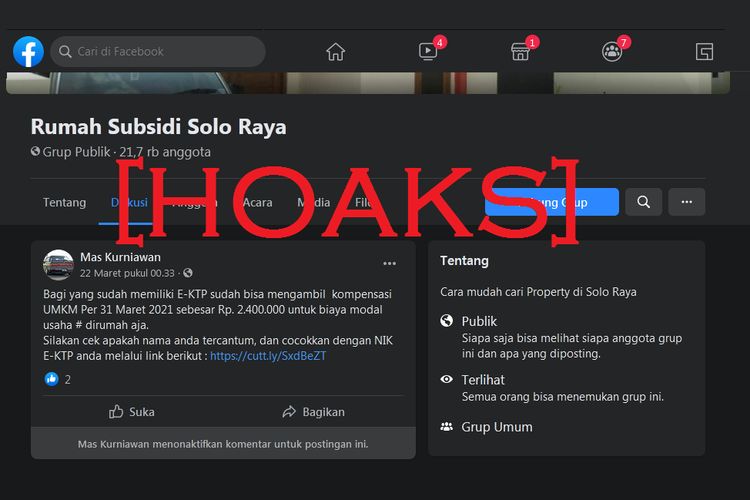 Informasi hoaks pendaftaran BLT UMKM 2021 sebesar Rp 2,4 juta di Facebook, 22 Maret 2021.