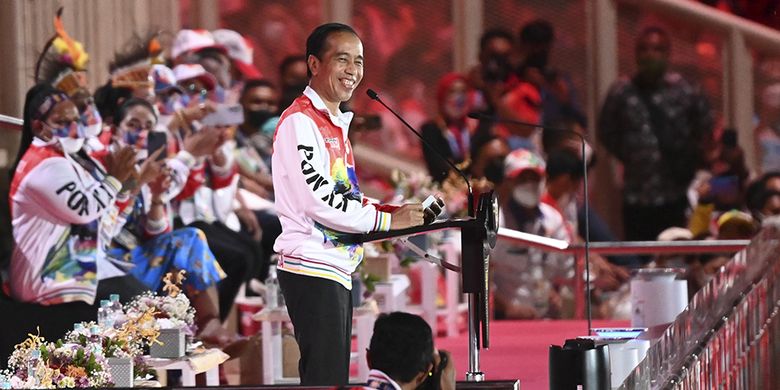 Indonesia's President Joko Widodo delivers his speech during the opening ceremony of the 20th national games (PON) held in the Lukas Enembe Stadium in East Sentani district, Jayapura, Papua on Saturday, October 2, 2021. The national games will run until October 15, 2021.  