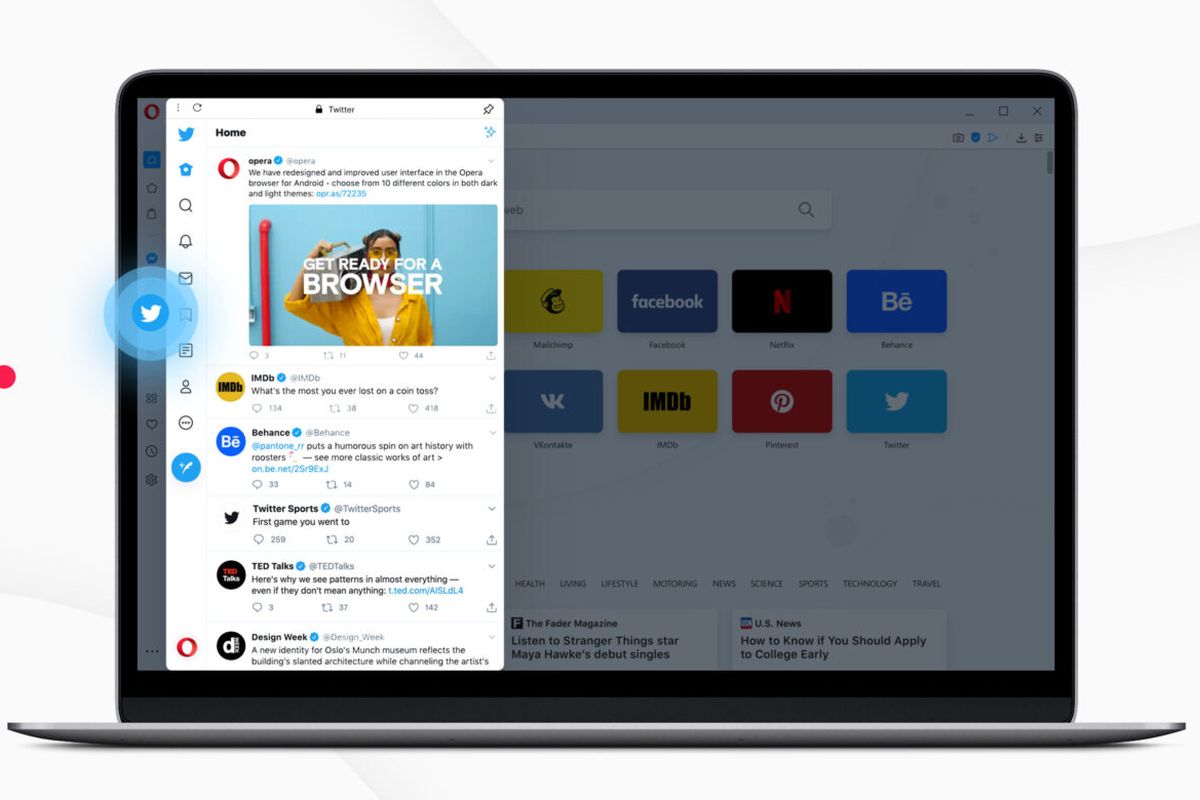 Peramban Opera dengan aplikasi Twitter yang terintegrasi di side bar.