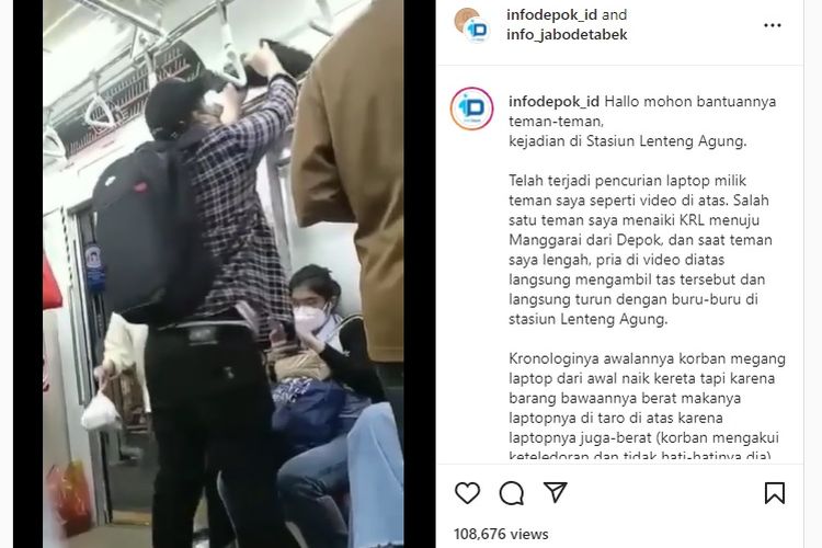 Video yang memperlihatkan dugaan aksi pencurian laptop milik penumpang KRL.