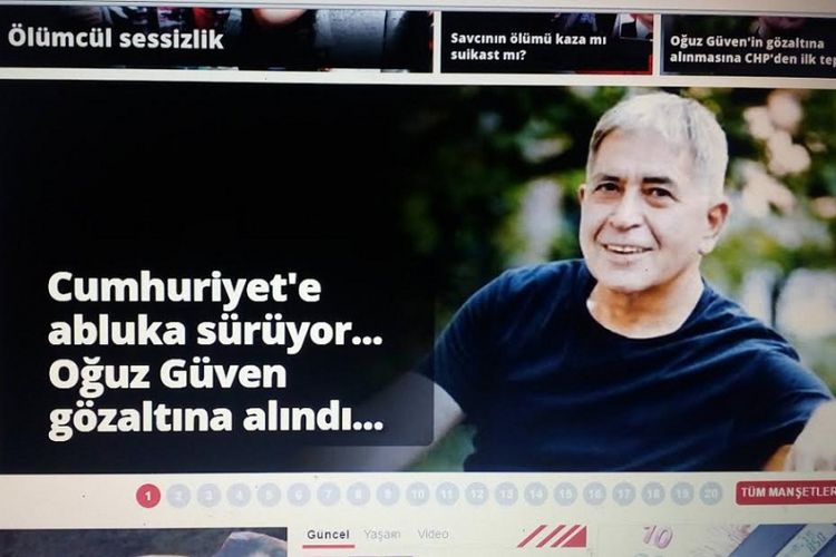 Berita dihalaman depan harian Cumhuriyet tentang Pemred-nya, Oguz Guven. Foto hasil screenshoot.