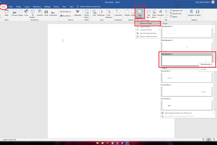 Cara membuat nomor halaman otomatis di Microsoft Word.