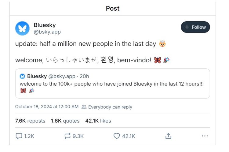 Screenshot posting pihak resmi Bluesky mengumumkan jumlah pengguna baru usai X Twitter mengumumkan kebijakan blokir baru