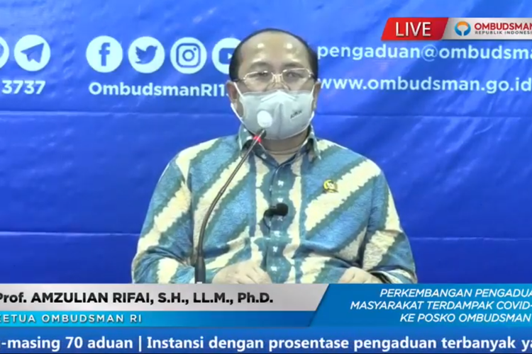 Ketua Ombudsman RI Amzulian Rifai dalam konferensi pers yang digelar daring, Rabu (3/6/2020).