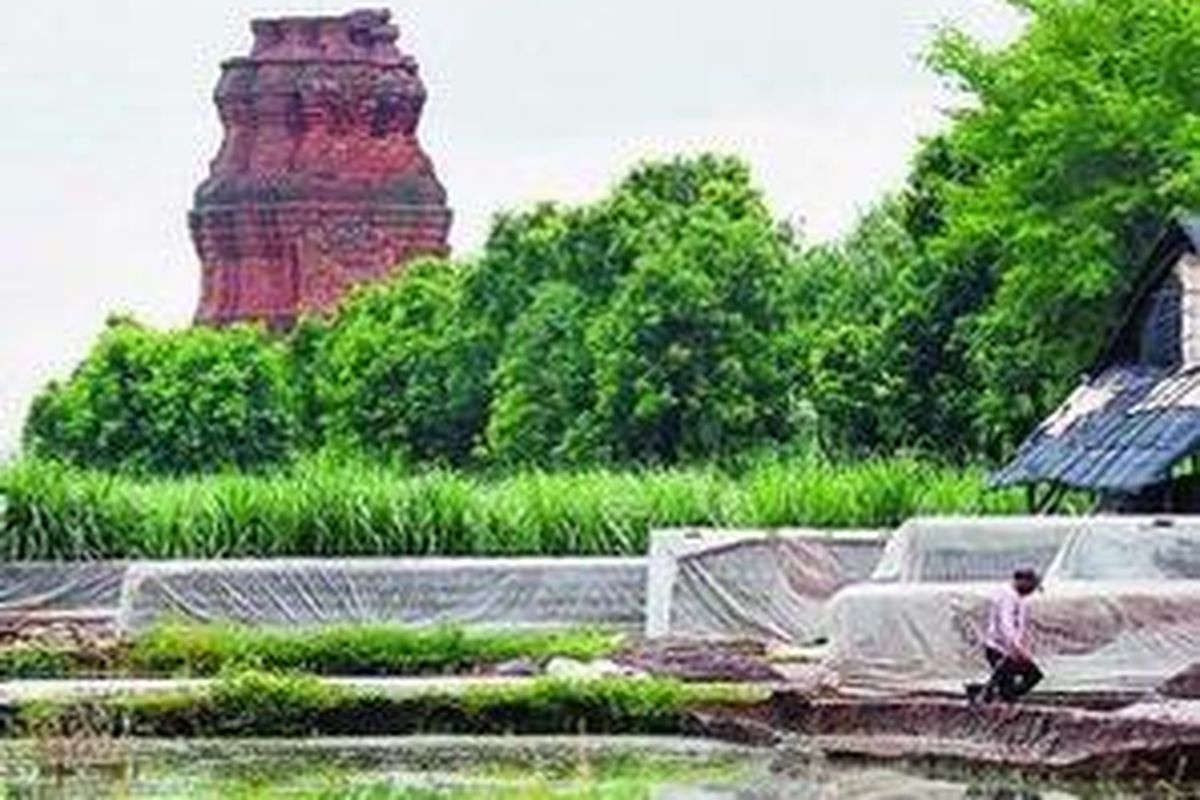 Buruh pembuat bata merah mengolah tanah di lokasi yang bersebelahan dengan Candi Brahu peninggalan zaman Majapahit di Desa Bejijong, Kecamatan Trowulan, Mojokerto, Selasa (30/12). Keberadaan ratusan industri bata merah di Trowulan menjadi salah satu faktor banyaknya sisa bangunan purbakala peninggalan Majapahit yang rusak bahkan hilang karena aktivitas penggalian tanah.