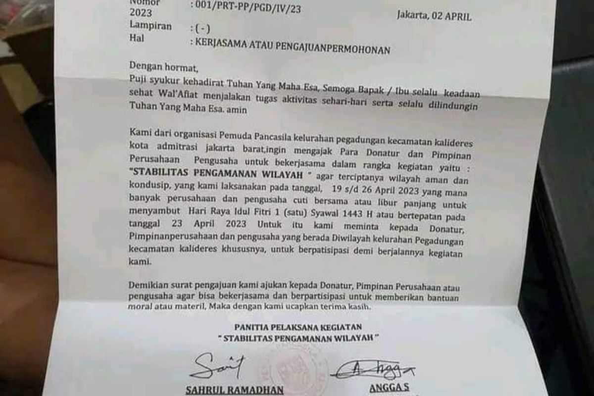 Surat organisasi masyarakat Pemuda Pancasila (PP) yang meminta pungutan kepada perusahaan di wilayah Pegadungan, Jakarta Barat, dengan dalih menjaga keamanan selama periode Lebaran 2023.