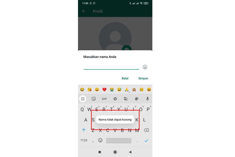 Tampilan peringatan tidak boleh mengosongi nama profil di WhatsApp.