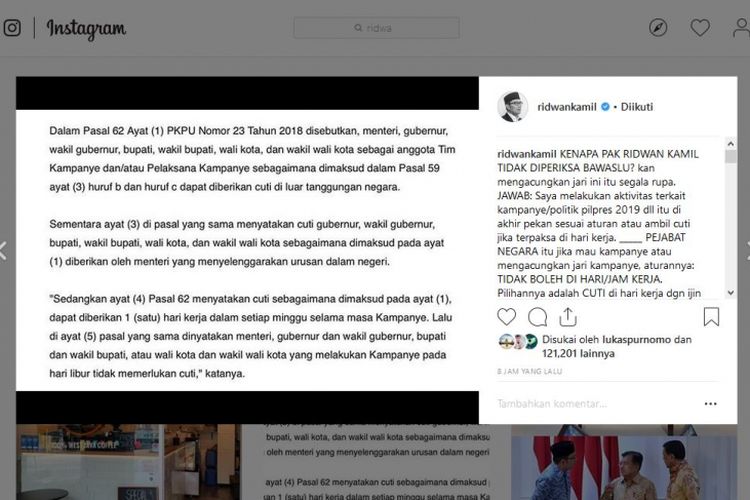 Pernyataan Ridwan Kamil di Instagram