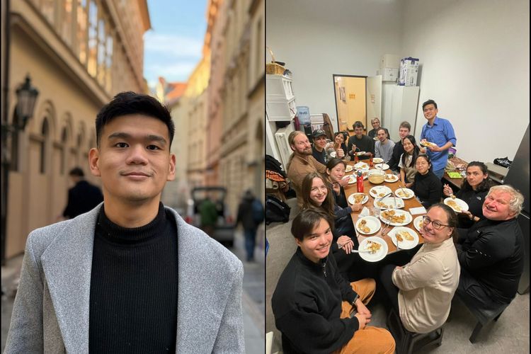 Guru bahasa Indonesia yang mengajar di luar negeri, Boy Tri Rizky (kiri) dan momen makan bersama para muridnya di Jerman (kanan).