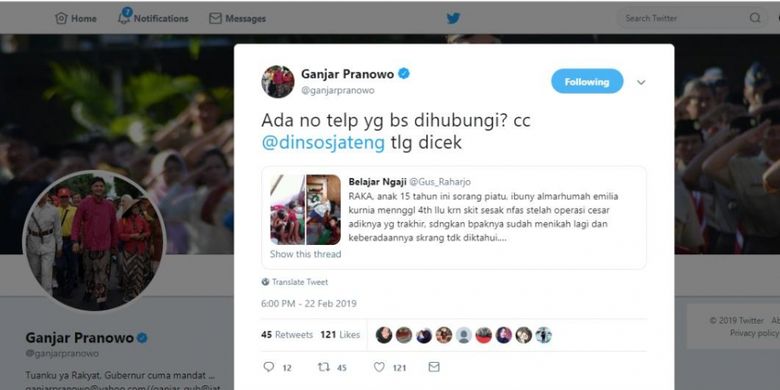 Akun twitter Gubernur Jateng @ganjarpranowo merespon postingan akun @Gus_Raharjo pada 23 Februari 2019 lalu tentang nasib Raka yang putus sekolah.
