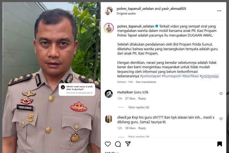 Mantan Kapolres Tapanuli Selatan Akbp Yasir Ahmadi mengklarifikasi pernyataannya soal wanita di dalam mobil dinas Plh Kasi Propam Polres Tapsel Iptu A yang dibawa anak Iptu A, berinisial AS (16) pada 6 Juli 2025. 