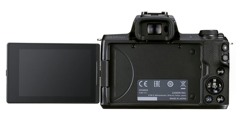 Tampak belakang dari Canon EOS M50 Mark II dengan layar LCD putar