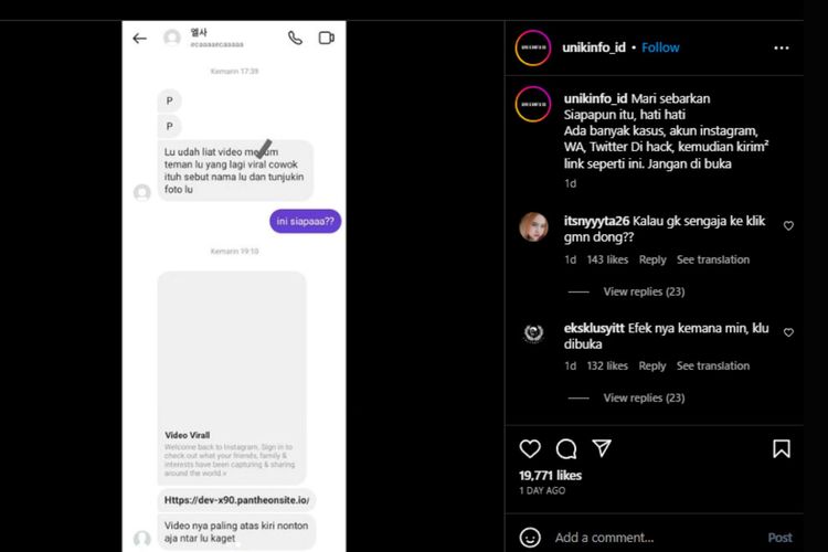 Beredar tangkapan layar di Instagram yang menunjukkan pelaku penipuan berusaha melakukan phising dengan cara mengirimkan link video porno kepada korban.