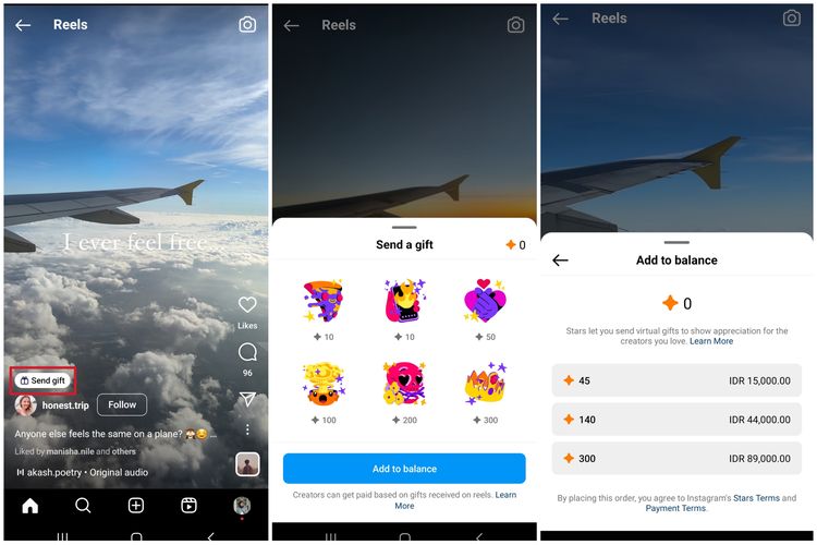 Fitur send a gift di Instagram Reels. Fitur memberi hadiah virtual berupa stiker ini bisa mendatangkan pundi-pundi uang untuk kreator, khususnya pembuat konten Reels.