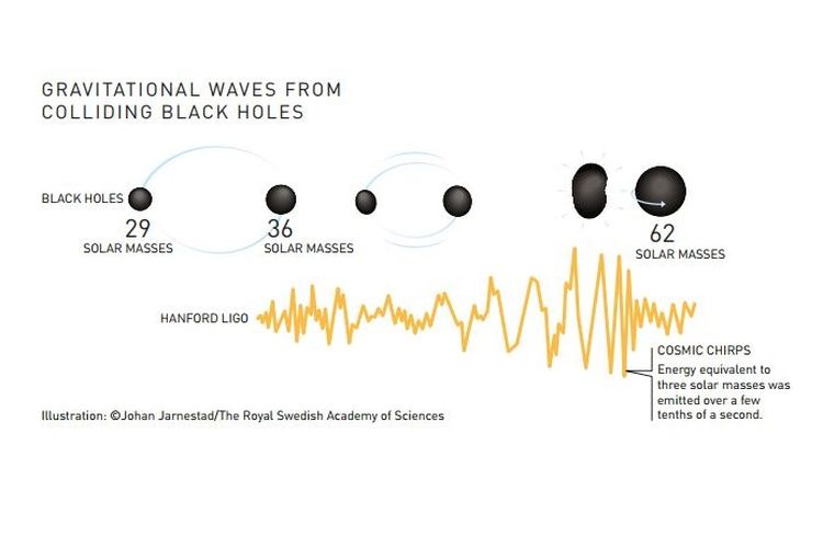 Ilustrasi pembuktian gelombang gravitasi dari pengamatan terhadap dua lubang hitam.