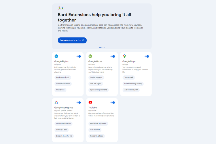 Pengguna perlu mengaktifkan ekstensi YouTube terlebih dahulu jika ingin merangkum video lewat Google Bard