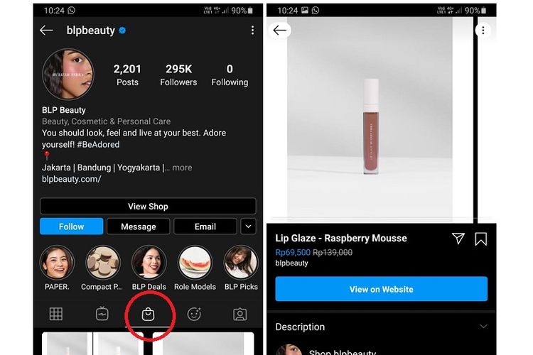 Tangkapan layar fitur Instagram Shopping di Indonesia.