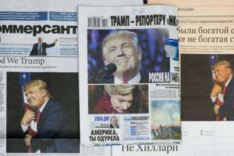Halaman-halaman depan koran Rusia yang memuat foto presiden AS terpilih Donald Trump. 