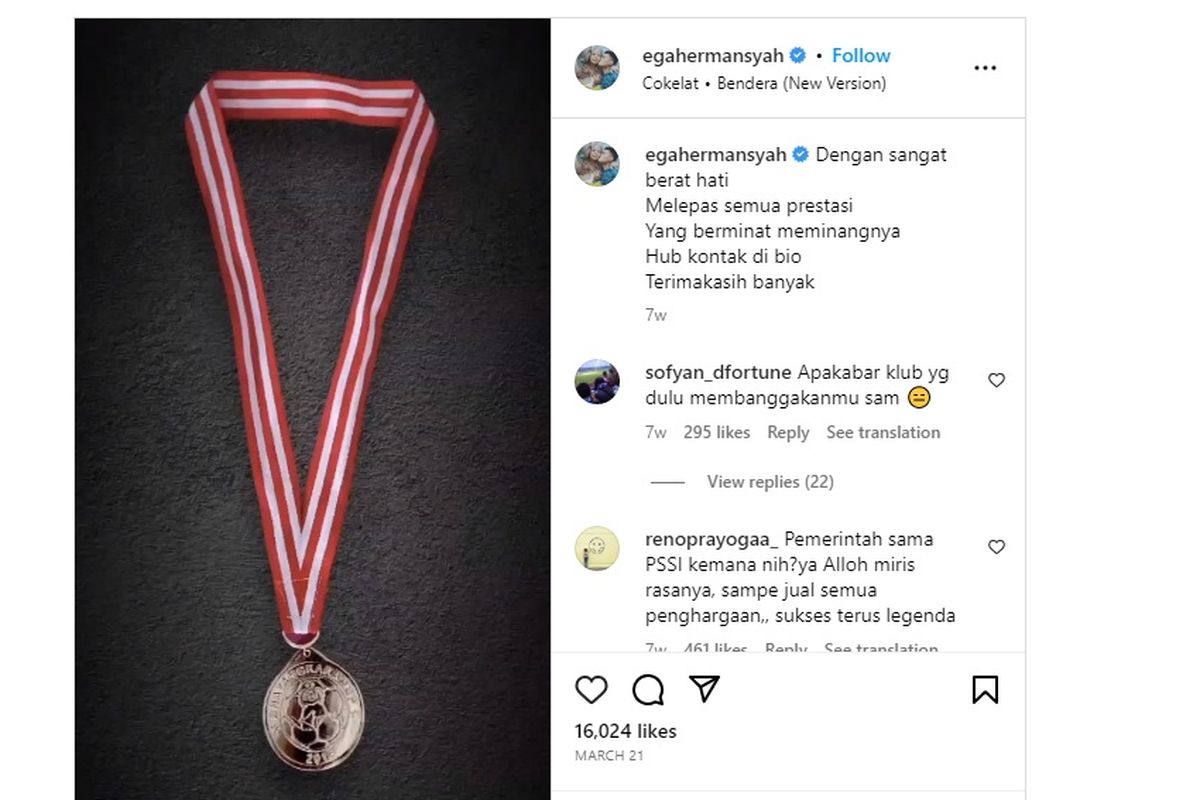 Tangkapan layar akun Kurnia Meiga menjual medali.