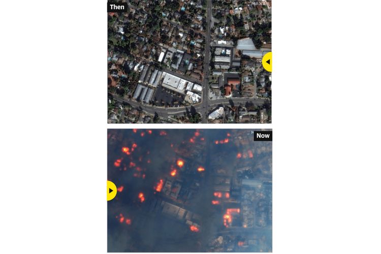 Citra satelit menunjukkan rumah-rumah di East Altadena Drive di Altadena, California, pada tanggal 6 Januari, dan kemudian terbakar pada tanggal 8 Januari.