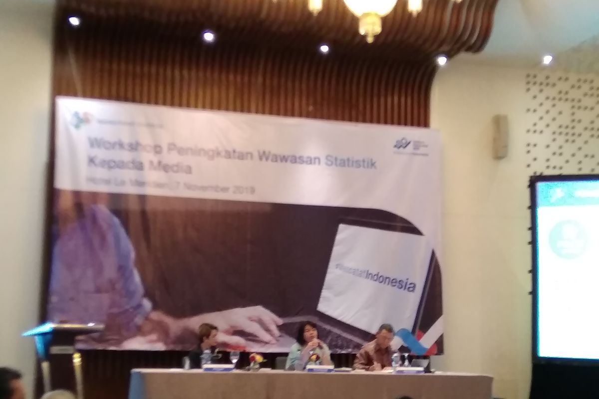 Deputi Bidang Neraca dan Analisis Statistik Badan Pusat Statistik (BPS) Sri Soelistyowati saat menjelaskan metode penghitungan BPS dalam pelatihan wartawan di Jakarta, Kamis (7/11/2019).