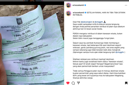 Viral, Unggahan Erix Soekamti Kritik Retribusi di Tengah Jalan, Ini Kata Dispar Kulon Progo