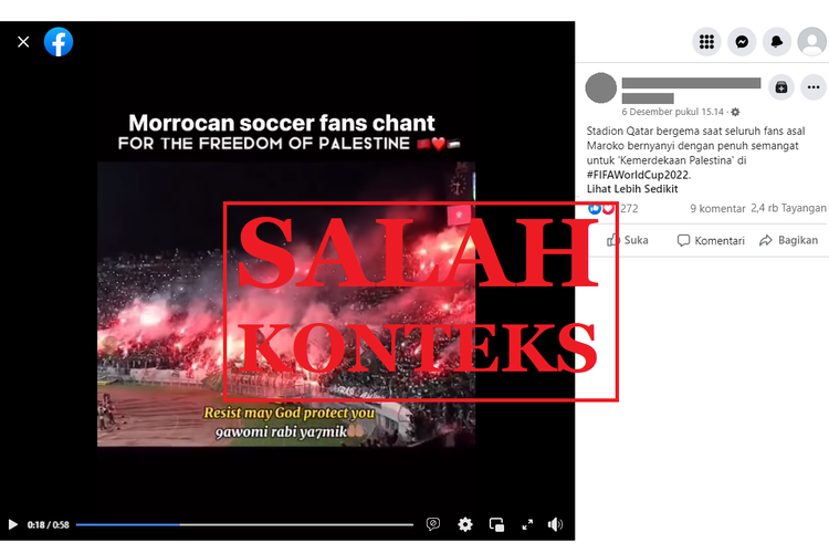 Tangkapan layar unggahan dengan narasi keliru di sebuah akun Facebook, Selasa (6/12/2022), soal suporter Maroko yang bernyanyi di Piala Dunia 2022 sebagai bentuk dukungan terhadap Palestina. Faktanya, video itu berlokasi di Maroko, bukan di Qatar.