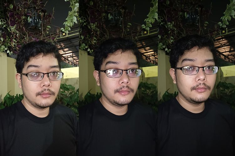 Contoh hasil selfie kamera depan Vivo V21 5G tanpa flash (kiri), dengan mode Aura yang menyalakan layar (tengah), dan sepasang LED flash yang menghadap ke depan. 