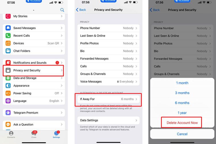 Ilustrasi cara menghapus akun Telegram secara permanen langsung di aplikasi.