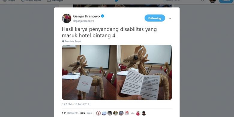 Hasil karya replika Warak Ngendog yang dipamerkan Gubernur Jawa Tengah Ganjar Pranowo melalui akun media sosialnya.