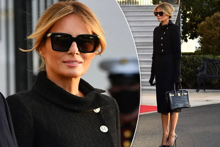 Melania Trump berbusana serba hitam di hari terakhir suaminya, Donald Trump, menjabat Presiden AS, Rabu (20/01/2021).