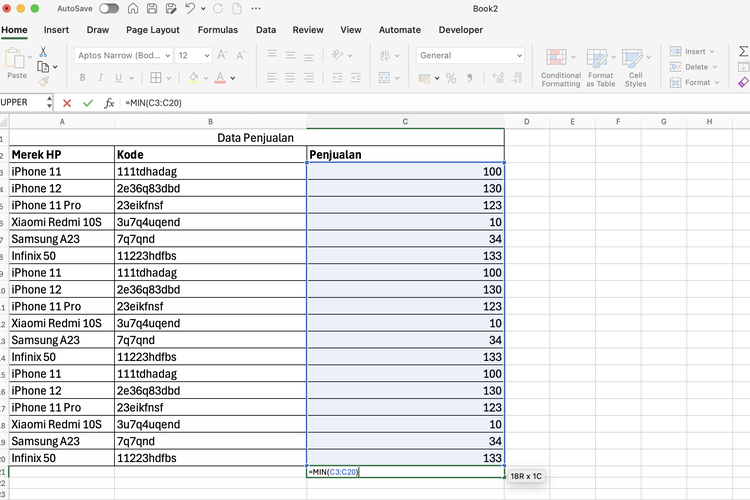 Ilustrasi rumus MIN di Excel