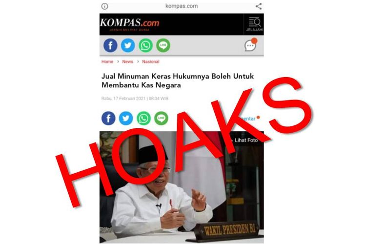 Tangkapan layar hoaks berita menggunakan template pemberitaan Kompas.com dengan judul Jual Minuman Keras Hukumnya Boleh Untuk Membantu Kas Negara.