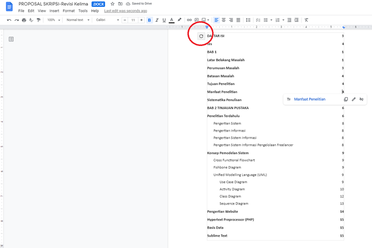 Cara memperbarui daftar isi di Google Docs,